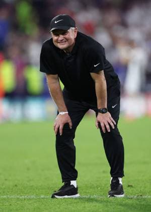 Cologne, Germany, 25th June 2024. Matjaz Kek coach of Slovenia celebrates getting out of the group stages during the UEFA European Championships match at Cologne Stadium, Cologne. Picture credit should read: David Klein Sportimage EDITORIAL USE ONLY. No use with unauthorised audio, video, data, fixture lists, club league logos or live services. Online in-match use limited to 120 images, no video emulation. No use in betting, games or single club league player publications. SPI-3205-0129