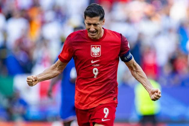 France Vs Poland during the UEFA EURO, EM, Europameisterschaft,Fussball 2024 match in Dortmund, Germany Robert Lewandowski of Poland celebrates a goal during the UEFA EURO 2024 group stage match between France and Poland at Football Stadium Dortmund. Copyright: xMikolajxBarbanellx