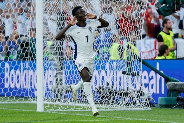 England v Slovenia: Group C - UEFA EURO, EM, Europameisterschaft,Fussball 2024 Bukayo Saka of England celebrates goal which is later disallowed during the UEFA EURO 2024 group stage match between England and Slovenia at Cologne Stadium on June 25, 2024 in Cologne, Germany. Cologne Cologne Stadium Germany Germany Copyright: xRichardxSellers Sportsphoto APLx 14042807