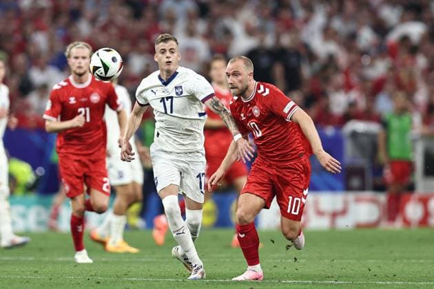 Christian Eriksen (Denmark)Ivan Ilic (Serbia) during the UEFA EURO, EM, Europameisterschaft,Fussball Germany 2024 match between Denmark 0-0 Serbia at Munich Football Arena on June 25, 2024 in Munich, Germany. Noxthirdxpartyxsales  (257681579)