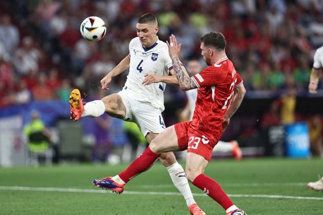 Nikola Milenkovic (Serbia)Pierre-Emile Hojbjerg (Denmark) during the UEFA EURO, EM, Europameisterschaft,Fussball Germany 2024 match between Denmark 0-0 Serbia at Munich Football Arena on June 25, 2024 in Munich, Germany. Noxthirdxpartyxsales  (257681609)