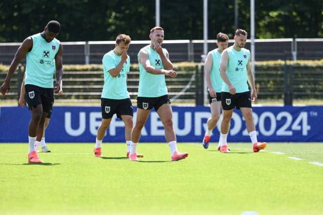 SOCCER - UEFA EURO, EM, Europameisterschaft,Fussball 2024 BERLIN,GERMANY,26.JUN.24 - SOCCER -UEFA EURO 2024, OEFB, Oesterreichischer Fussball-Bund, training. Image shows Kevin Danso, Matthias Seidl, Andreas Weimann, Michael Gregoritsch and Maximilian Entrup (AUT). GEPAxpictures xArminxRauthner