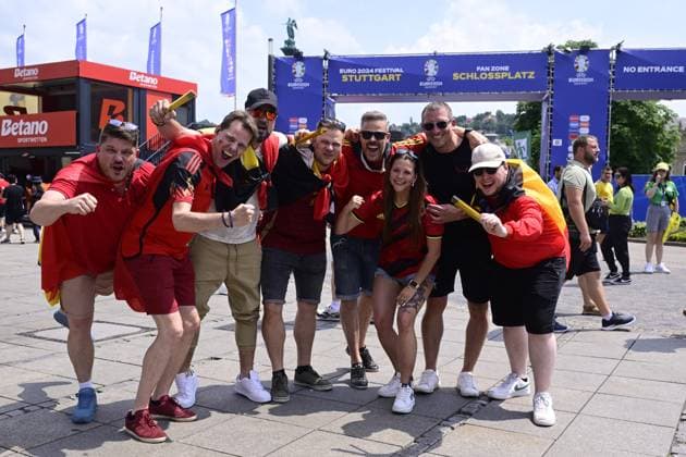 Red Devils supporters pictured in the city center, near the fan zone village, in the afternoon before a soccer game between Ukraine and Belgian national soccer team Red Devils, Wednesday 26 June 2024 in Stuttgart, Germany, the third match in the group stage of the UEFA EURO, EM, Europameisterschaft,Fussball 2024 European championships. In the group E, the four teams have three points before the last game, it is the first time this happens at Euro. DIRKxWAEM x95301510x