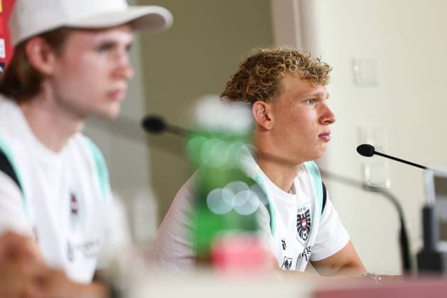 SOCCER - UEFA EURO, EM, Europameisterschaft,Fussball 2024 BERLIN,GERMANY,26.JUN.24 - SOCCER -UEFA EURO 2024, OEFB, Oesterreichischer Fussball-Bund, press conference, PK, Pressekonferenz Image shows Patrick Wimmer and Leopold Querfeld (AUT). GEPAxpictures xArminxRauthner