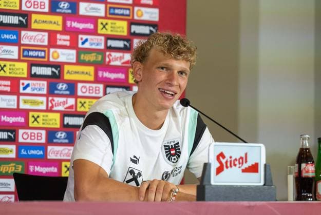 Football, Men, Season 2023 2024, European Championship 2024 in Germany, Press conference of the Austrian national team at the ÖFB Media Center Berlin Marshall Haus Messe Berlin , Leopold Querfeld Austria , 26 06 2024, Copyright: xMatthiasxKochx