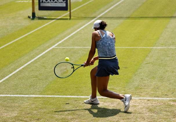 26th June 2024; Devonshire Park, Eastbourne, East Sussex, England: Rothesay International Eastbourne, Day 3, Madison Keys (USA) plays backhand against Anhelina Kalinina (UKR) , womens singles match  ActionPlus12660744 HongboxChen