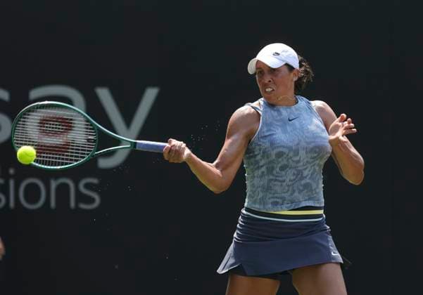 26th June 2024; Devonshire Park, Eastbourne, East Sussex, England: Rothesay International Eastbourne, Day 3, Madison Keys (USA) plays a forehand against Anhelina Kalinina (UKR) , womens singles match  ActionPlus12660691 HongboxChen