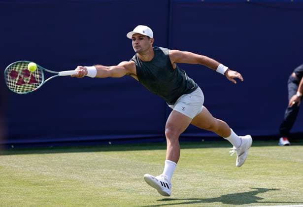 26th June 2024; Devonshire Park, Eastbourne, East Sussex, England: Rothesay International Eastbourne, Day 3; Marcos Giron (USA) plays a forehand against Yoshihito Nishioka (JPN) , mens singles match  ActionPlus12660701 HongboxChen