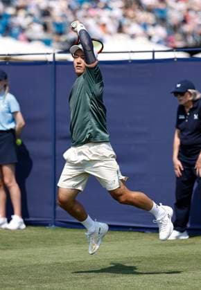 26th June 2024; Devonshire Park, Eastbourne, East Sussex, England: Rothesay International Eastbourne, Day 3; Yoshihito Nishioka (JPN) plays a forehand against Marcos Giron (USA) , mens singles match  ActionPlus12660721 HongboxChen