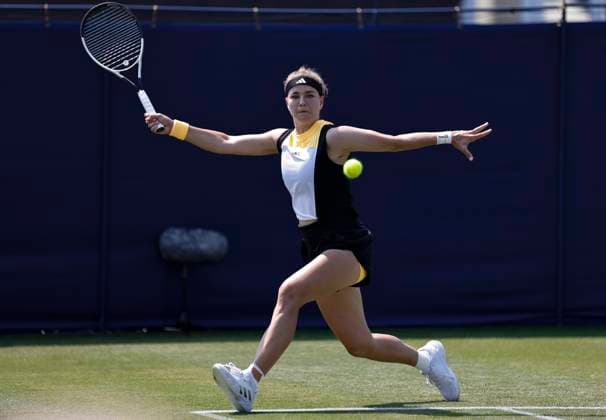 26th June 2024; Devonshire Park, Eastbourne, East Sussex, England: Rothesay International Eastbourne, Day 3, Karolina Muchova (CZE) plays a forehand against Magda Linette (POL) , womens singles match  ActionPlus12660725 HongboxChen
