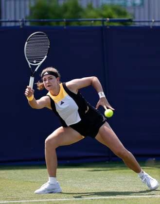 26th June 2024; Devonshire Park, Eastbourne, East Sussex, England: Rothesay International Eastbourne, Day 3, Karolina Muchova (CZE) plays a forehand against Magda Linette (POL) , womens singles match  ActionPlus12660727 HongboxChen