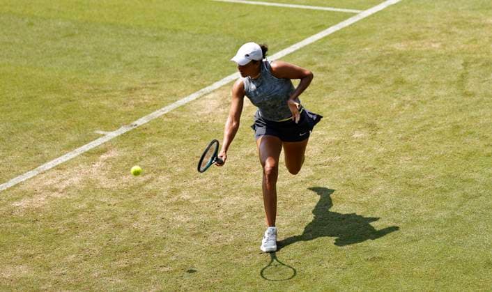 26th June 2024; Devonshire Park, Eastbourne, East Sussex, England: Rothesay International Eastbourne, Day 3, Madison Keys (USA) plays backhand against Anhelina Kalinina (UKR) , womens singles match  ActionPlus12660749 HongboxChen