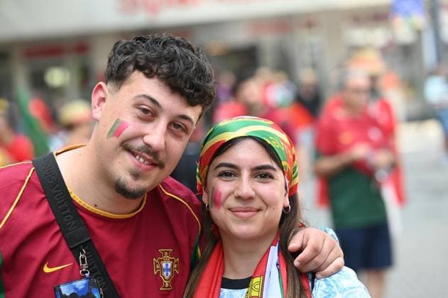 Soccer Euro 2024 in Gelsenkirchen FOR EDITORIAL PURPOSES ONLY p Fans celebrate the teams of Portugal and Georgia on Wednesday, 26 6 2024 in Gelsenkirchen before the match of the European Football Championship in the Veltins Arena Germany NRW Gelsenkirchen Copyright IngoxOtto Copyright: IngoxOtto doc7w1d6c9c6fofstp979d ,EDITORIAL USE ONLY Copyright: IngoxOtto
