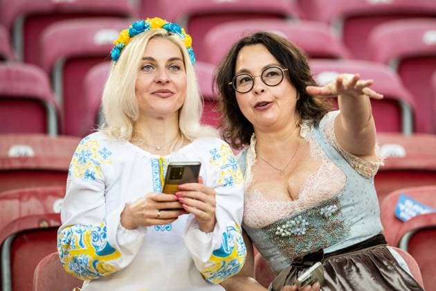 UEFA EURO 2024 Ukraine Belgium 26 06 2024 Fans of Ukraine, Two women on the stadium UEFA EURO 2024 Ukraine Belgium Stuttgart Stadium, Stuttgart 26 06 2024 Copyright: xBEAUTIFULxSPORTS Buriakovx