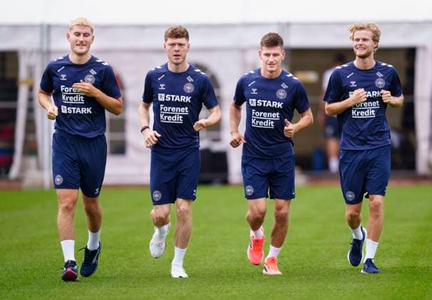 Jonas Wind, Andreas Skov Olsen, Joakim Maehle and Morten Hjulmand seen from left during the national team s training in Freudenstadt, Germany Wednesday, June 26, 2024 Photo Liselotte Sabroe Ritzau Scanpix , Freudenstadt Germany  Copyright: Ritzau Scanpix LiselottexSabroex spdk20240626-163818-L