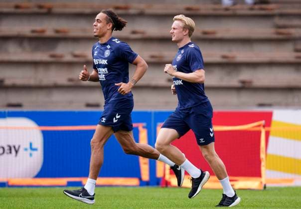 Yussuf Poulsen L and Victor Kristiansen during the national team s training in Freudenstadt, Germany Wednesday, June 26, 2024 Photo Liselotte Sabroe Ritzau Scanpix , Freudenstadt Germany  Copyright: Ritzau Scanpix LiselottexSabroex spdk20240626-164840-L