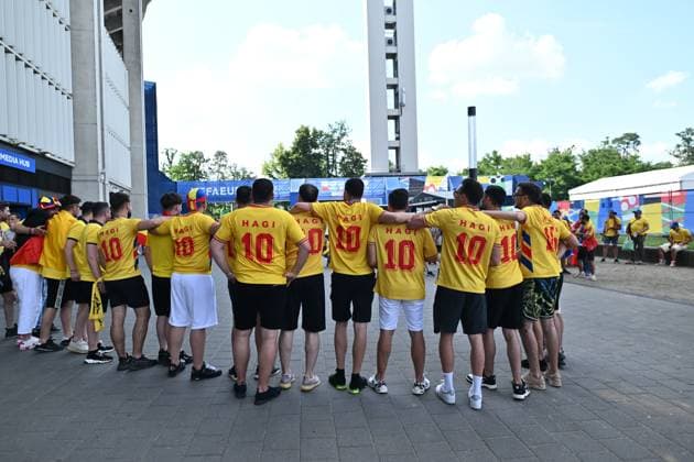 FRANKFURT AM MAIN, GERMANY - JUNE 26: Romania fans with Hagi shirt during the UEFA EURO, EM, Europameisterschaft,Fussball 2024 group stage match between Slovakia and Romania at Frankfurt Arena on June 26, 2024 in Frankfurt am Main, Germany. Photo by Sebastian Frej Slovakia v Romania: Group E - UEFA EURO 2024 Copyright: xSebastianxFrejx