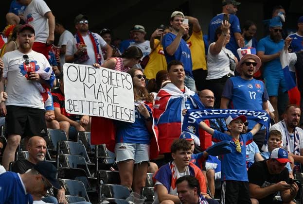 26 06 2024, xsltx, European Football Championship 2024, Slovakia Romania emspor, v l emotions, fans, atmosphere, flags, logo, Slovakia spectators, jerseys UEFA REGULATIONS PROHIBIT ANY USE OF PHOTOGRAPHS as IMAGE SEQUENCES and or QUASI VIDEO Frankfurt