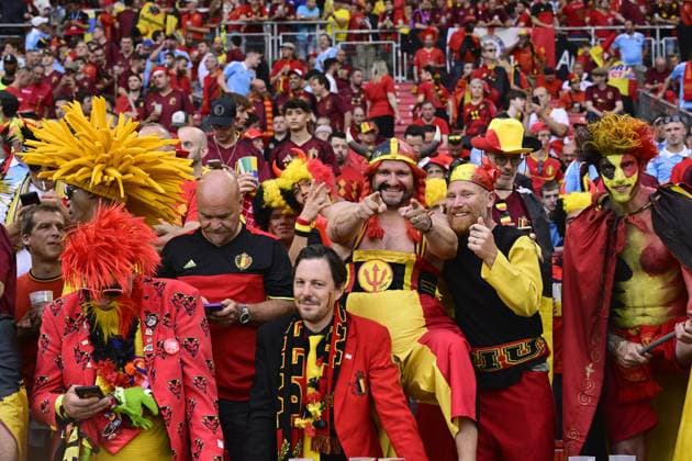 Red devils fan Obelgix Nicolas Dardenne and other Red Devils supporters pictured ahead of a soccer game between Ukraine and Belgian national soccer team Red Devils, Wednesday 26 June 2024 in Stuttgart, Germany, the third match in the group stage of the UEFA EURO, EM, Europameisterschaft,Fussball 2024 European championships. DIRKxWAEM  x95318726x