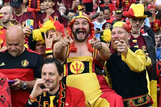 Red devils fan Obelgix Nicolas Dardenne and other Red Devils supporters pictured ahead of a soccer game between Ukraine and Belgian national soccer team Red Devils, Wednesday 26 June 2024 in Stuttgart, Germany, the third match in the group stage of the UEFA EURO, EM, Europameisterschaft,Fussball 2024 European championships. DIRKxWAEM  x95318729x