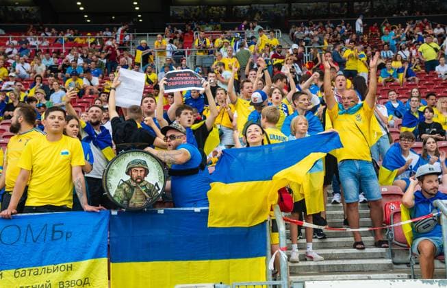 Fans of Ukraine cheer and shout, UEFA EURO 2024 Group E, Ukraine vs Belgium, Arena Stuttgart on June 26, 2024 in Stuttgart, Germany Photo by Silas Schueller DeFodi Images Fans of Ukraine cheer and shout, UEFA EURO 2024 Group E, Ukraine vs Belgium, Arena Stuttgart on June 26, 2024 in Stuttgart, Germany Photo by Silas Schueller DeFodi Images Defodi 738 738 UKRBEL 20240626 125 Defodi-738