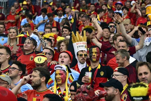 A group of Red Devils supporters pictured before a soccer game between Ukraine and Belgian national soccer team Red Devils, Wednesday 26 June 2024 in Stuttgart, Germany, the third match in the group stage of the UEFA EURO, EM, Europameisterschaft,Fussball 2024 European championships. DIRKxWAEM  x95318760x