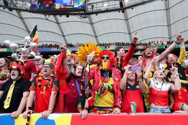 Belgium fans in the stands Ukraine v Belgium, UEFA European Championship, EM, Europameisterschaft 2024, Group E, Football, Stuttgart Arena, Stuttgart, Germany - 26 Jun 2024 EDITORIAL USE ONLY No use with unauthorised audio, video, data, fixture lists, club league logos or live services. Online in-match use limited to 120 images, no video emulation. No use in betting, games or single club league player publications. Copyright: xMichaelxZemanek Shutterstockx 14555605i