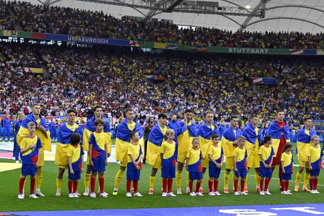 Ukraine s Illya Zabarnyi, Ukraine s Oleksandr Svatok, Ukraine s Roman Yaremchuk, Ukraine s goalkeeper Anatoliy Trubin, Ukraine s Artem Dovbyk, Ukraine s Viktor Tsyhankov, Ukraine s Oleksandr Tymchyk, Ukraine s Heorhiy Sudakov and Ukraine s Volodymyr Brazhko pose for the photographer during a soccer game between Ukraine and Belgian national soccer team Red Devils, Wednesday 26 June 2024 in Stuttgart, Germany, the third match in the group stage of the UEFA EURO, EM, Europameisterschaft,Fussball 2024 European championships. DIRKxWAEM x95322627x