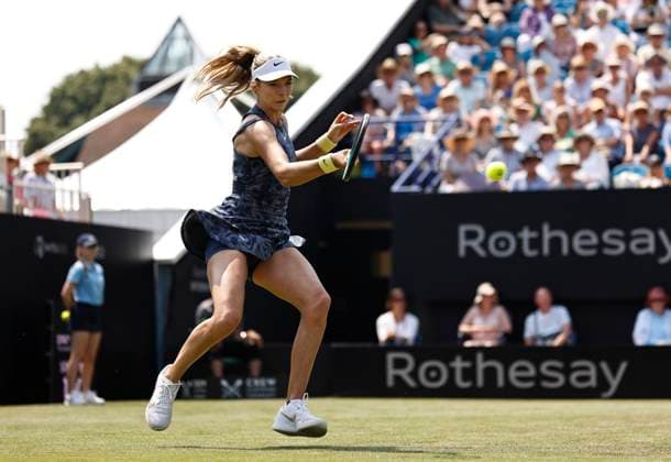 26th June 2024; Devonshire Park, Eastbourne, East Sussex, England: Rothesay International Eastbourne, Day 3, Katie Boulter (GBR) plays a forehand against Jelena Ostapenko (LAT), womens singles match  ActionPlus12660772 HongboxChen