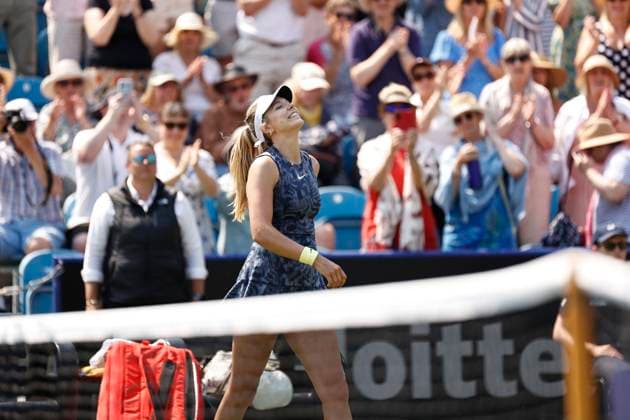 26th June 2024; Devonshire Park, Eastbourne, East Sussex, England: Rothesay International Eastbourne, Day 3, Katie Boulter (GBR) celebrates her victory after defeating Jelena Ostapenko (LAT), womens singles match  ActionPlus12660800 HongboxChen