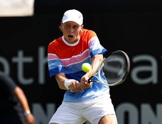 26th June 2024; Devonshire Park, Eastbourne, East Sussex, England: Rothesay International Eastbourne, Day 3; Emil Ruusuvuori (Fin) plays a backhand against Juncheng Shang (CHN) , mens singles match  ActionPlus12660803 HongboxChen