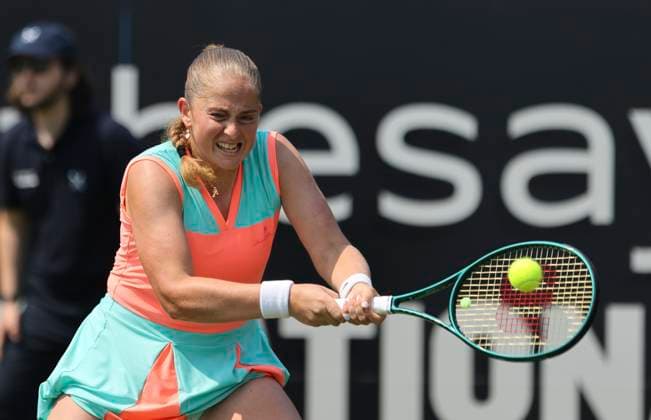 26th June 2024; Devonshire Park, Eastbourne, East Sussex, England: Rothesay International Eastbourne, Day 3, Jelena Ostapenko (LAT) plays a backhand against Katie Boulter (GBR), womens singles match  ActionPlus12660754 HongboxChen