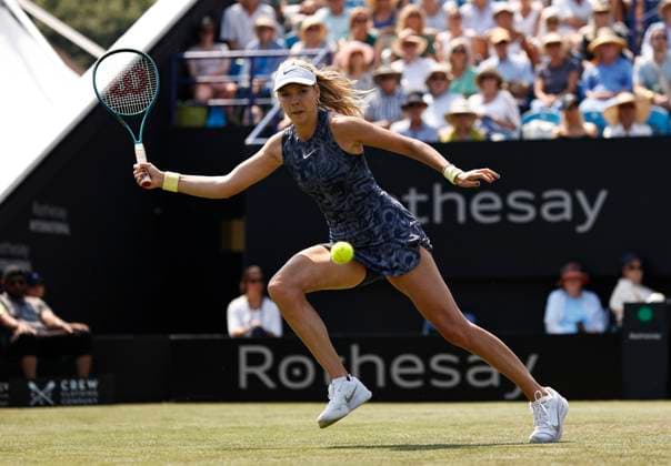 26th June 2024; Devonshire Park, Eastbourne, East Sussex, England: Rothesay International Eastbourne, Day 3, Katie Boulter (GBR) plays a forehand against Jelena Ostapenko (LAT), womens singles match  ActionPlus12660785 HongboxChen