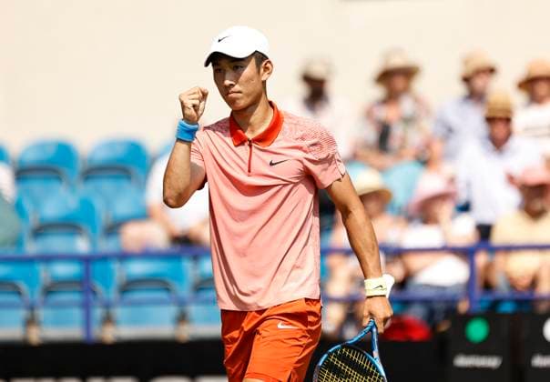 26th June 2024; Devonshire Park, Eastbourne, East Sussex, England: Rothesay International Eastbourne, Day 3; Juncheng Shang (CHN) shows emotion in the match against Emil Ruusuvuori (Fin), mens singles match  ActionPlus12660809 HongboxChen