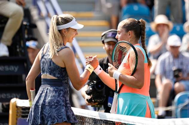 26th June 2024; Devonshire Park, Eastbourne, East Sussex, England: Rothesay International Eastbourne, Day 3, Jelena Ostapenko (LAT) shakes hands with Katie Boulter (GBR) after the womens singles match  ActionPlus12660798 HongboxChen