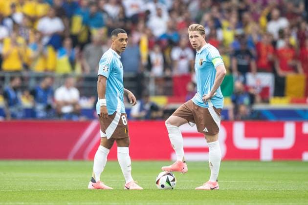 UEFA EURO 2024 Ukraine Belgium 26 06 2024 Kevin De Bruyne Belgium, 7 , Youri Tielemans Belgium, 8 UEFA EURO 2024 Ukraine Belgium Stuttgart Stadion, Stuttgart 26 06 2024 Copyright: xBEAUTIFULxSPORTS Buriakovx