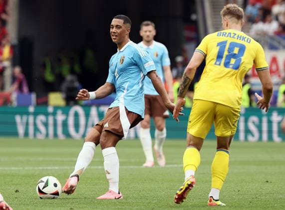 Belgium s Youri Tielemans and Ukraine s Volodymyr Brazhko pictured in action during a soccer game between Ukraine and Belgian national soccer team Red Devils, Wednesday 26 June 2024 in Stuttgart, Germany, the third match in the group stage of the UEFA EURO, EM, Europameisterschaft,Fussball 2024 European championships. BRUNOxFAHY  x95324449x