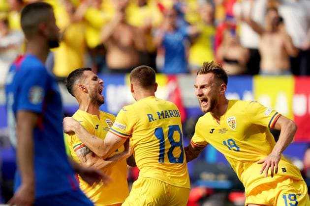 Romania s Razvan Marin celebrates after scoring 1-1 during the Euro 2024 soccer match between Slovakia and Romania at the Frankfurt Arena , Frankfurt , Germany - Wednesday 26 June 2024. - Soccer .  Copyright: xSpada LaPressex