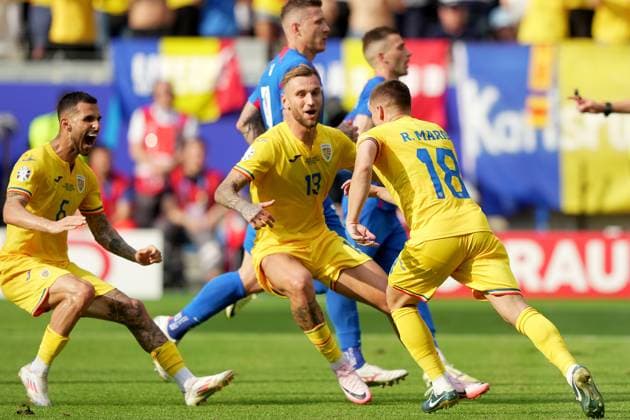 Romania s Razvan Marin celebrates after scoring 1-1 during the Euro 2024 soccer match between Slovakia and Romania at the Frankfurt Arena , Frankfurt , Germany - Wednesday 26 June 2024. - Soccer .  Copyright: xSpada LaPressex