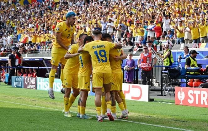 26 06 2024, xsltx, European Football Championship 2024, Slovakia Romania emspor, v l Razvan Gabriel Marin Romania Romania Romania , Nicolae Claudiu Stanciu Romania Romania , Marius Mihai Marin Romania Romania , Denis Mihai Dragus Romania Romania Romania celebrate the goal, Der Torjubel zum 1 1 UEFA REGULATIONS PROHIBIT ANY USE OF PHOTOGRAPHS as IMAGE SEQUENCES and or QUASI VIDEO Frankfurt