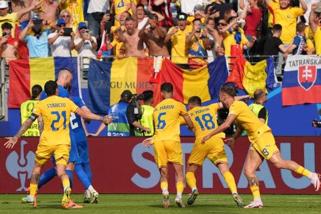 celebrate the goal, goal celebration for 1 1 Razvan Marin Romania Romania, 18 Frankfurt 26 06 2024 Slovakia vs Romania, EURO2024 M33 Group E, EM Arena Frankfurt
