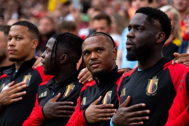 Lois Openda Belgium, 20 and team during the national anthem, GER, Ukraine UKR vs Belgium BEL , European Football Championship, UEFA EURO 2024, Group E, Matchday 3, 26 06 2024 GER, Ukraine UKR vs Belgium BEL , European Football Championship, UEFA EURO 2024, Group E, Matchday 3, 26 06 2024 Stuttgart Copyright: xEibner-Pressefoto Memmlerx EP_MMR