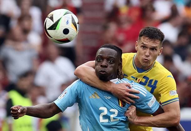 Belgium s Jeremy Doku and Ukraine s Oleksandr Tymchyk fight for the ball during a soccer game between Ukraine and Belgian national soccer team Red Devils, Wednesday 26 June 2024 in Stuttgart, Germany, the third match in the group stage of the UEFA EURO, EM, Europameisterschaft,Fussball 2024 European championships. BRUNOxFAHY  x95328572x