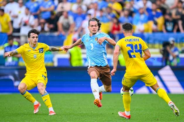 Ukraine v Belgium Group E - UEFA EURO, EM, Europameisterschaft,Fussball 2024 STUTTGART, GERMANY - JUNE 26 : Theate Arthur defender of Belgium in action pictured during the UEFA EURO 2024 European Football Championship tournament group E stage match between Ukraine and Belgium at Stuttgart Arena on June 26, 2024 in Stuttgart, Germany, 26 06 2024 Stuttgart Germany  Copyright: xVincentxKalutx