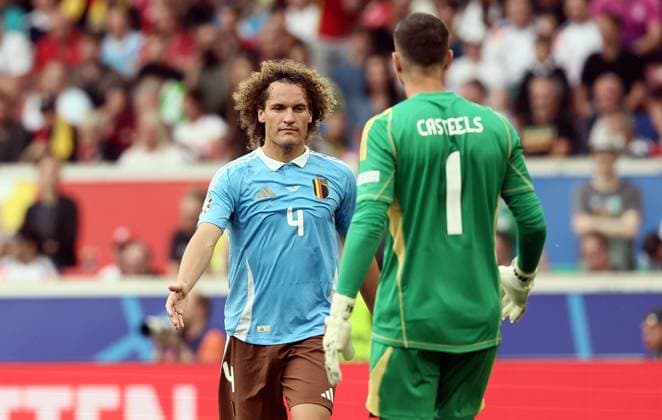 Belgium s Wout Faes and Belgium s goalkeeper Koen Casteels pictured during a soccer game between Ukraine and Belgian national soccer team Red Devils, Wednesday 26 June 2024 in Stuttgart, Germany, the third match in the group stage of the UEFA EURO, EM, Europameisterschaft,Fussball 2024 European championships. BRUNOxFAHY  x95329561x