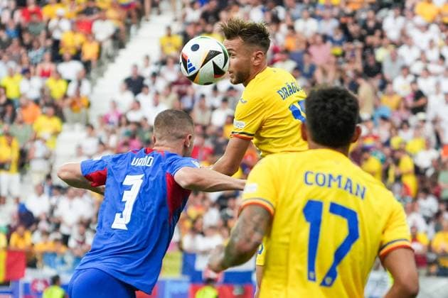 Denis Vavro Slovakia, Slovakia, 03 Header against Denis Dragus Romania Romania, 19 Frankfurt 26 06 2024 Slovakia vs Romania, EURO2024 M33 Group E, EM Arena Frankfurt