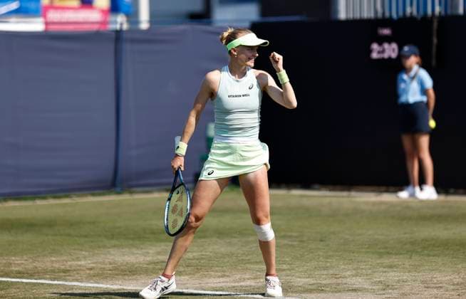 26th June 2024; Devonshire Park, Eastbourne, East Sussex, England: Rothesay International Eastbourne, Day 3, Harriet Dart (GBR) celebrates her victory after defeating Sofia Kenin (USA) in her womens singles match  ActionPlus12660861 HongboxChen