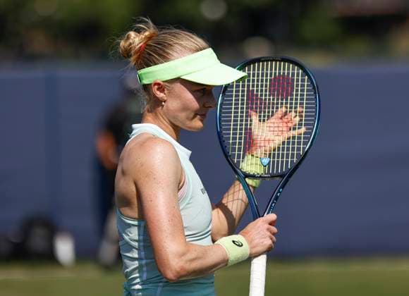 26th June 2024; Devonshire Park, Eastbourne, East Sussex, England: Rothesay International Eastbourne, Day 3, Harriet Dart (GBR) celebrates her victory after defeating Sofia Kenin (USA) in her womens singles match  ActionPlus12660865 HongboxChen