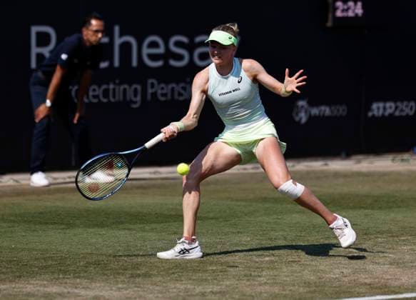 26th June 2024; Devonshire Park, Eastbourne, East Sussex, England: Rothesay International Eastbourne, Day 3, Harriet Dart (GBR) plays a forehand against Sofia Kenin (USA) in her womens singles match  ActionPlus12660853 HongboxChen