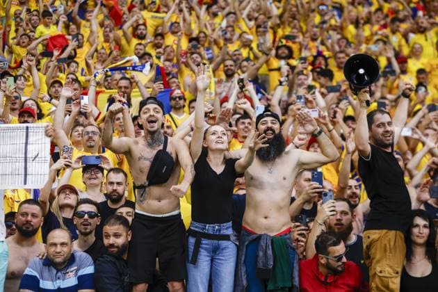 FRANKFURT, Olympia Stadium , 26-06-2024 , European Football Championship Euro2024, Group stage match no.33 between Slovakia and Romania. Fans of Romania celebrate the group win Slovakia - Romania (Euro2024)  x25605455x Copyright:
